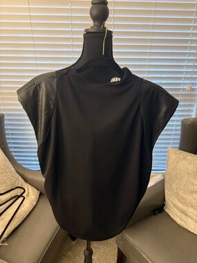 DKNY Black Mock Neck Top with Faux-Leather Shoulder Panels